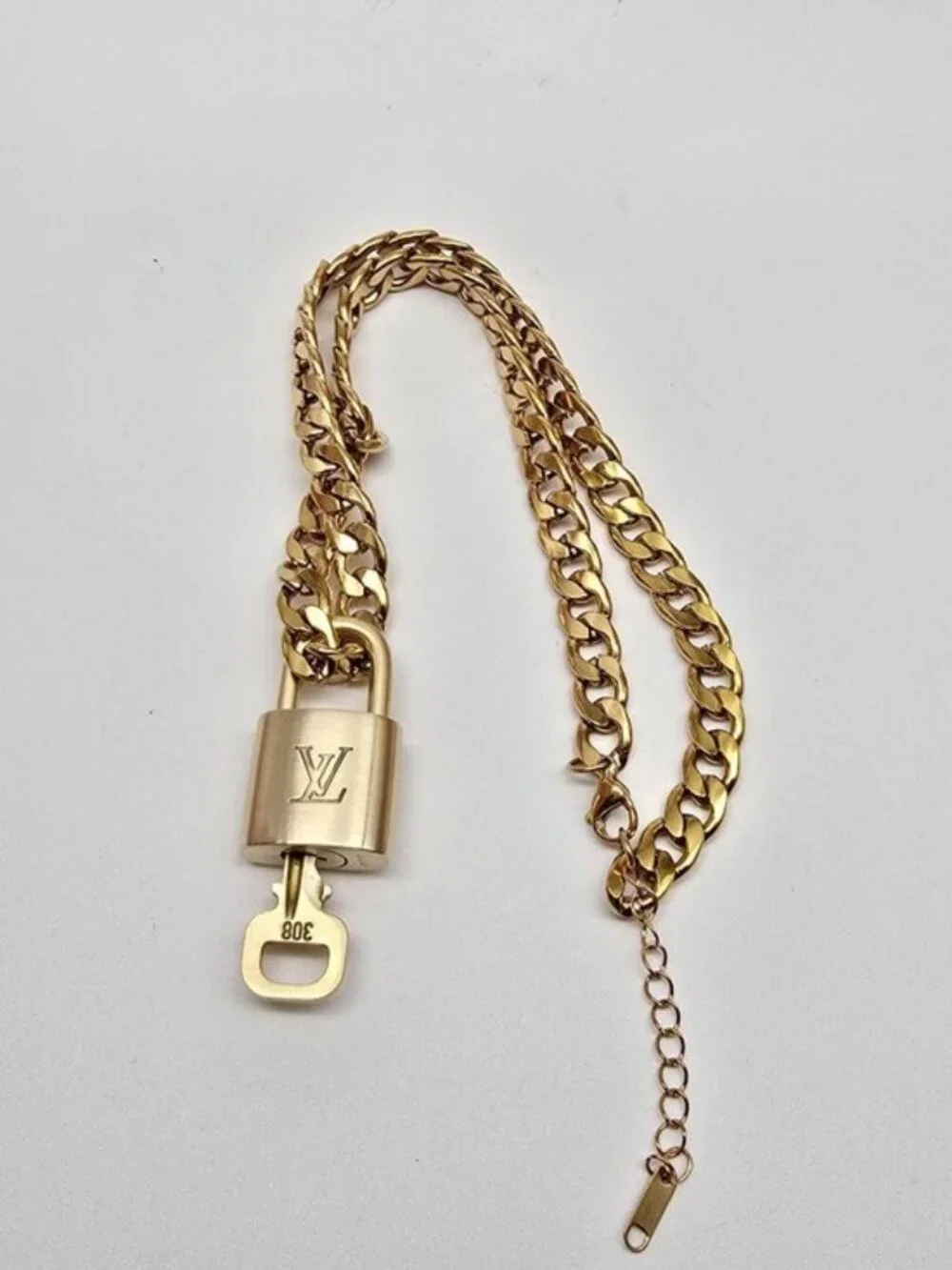 Authentic Louis Vuitgon Gold Padlock Pendant w/ Unbranded Cuban Stainless Steel